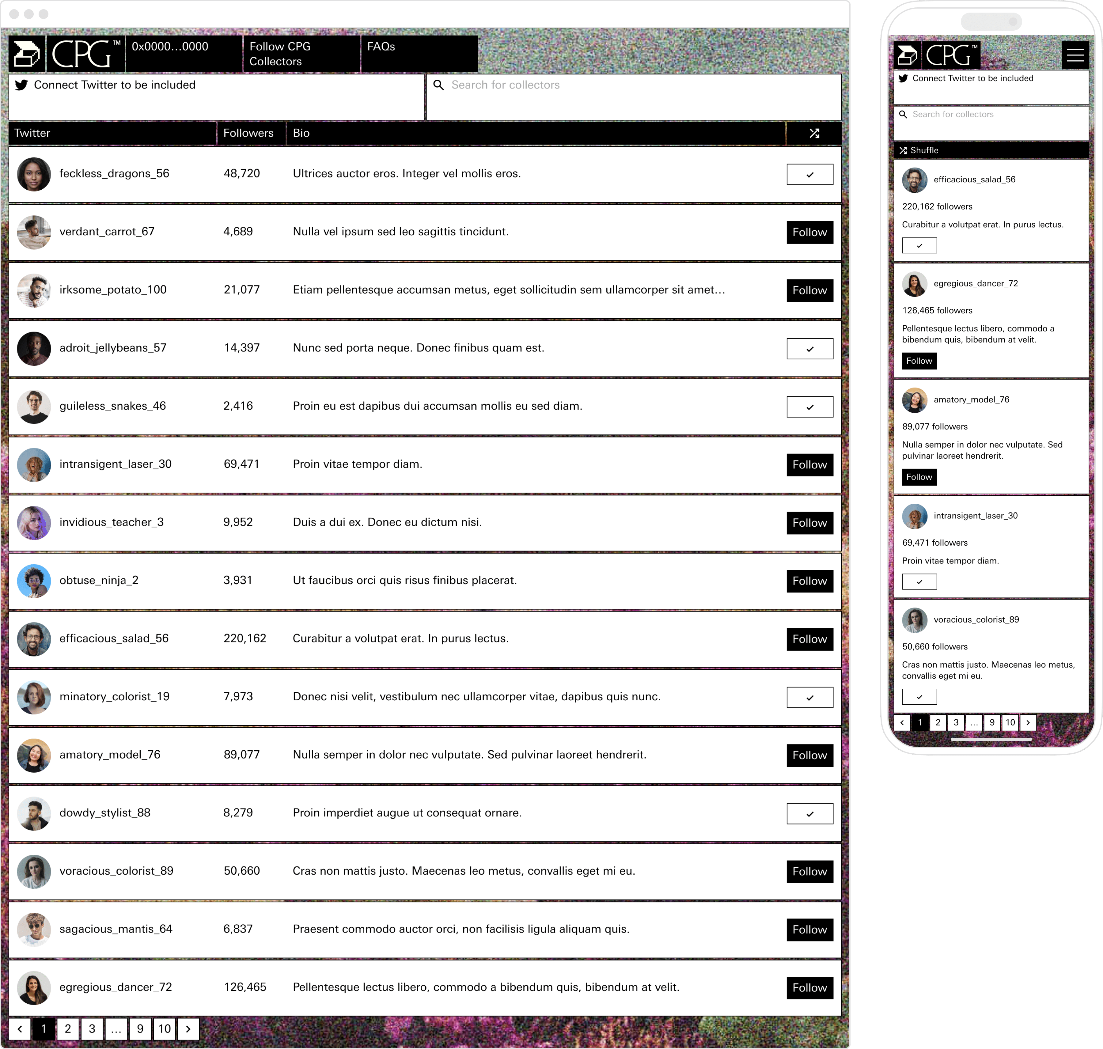 Mockups of a social feature to follow other community members