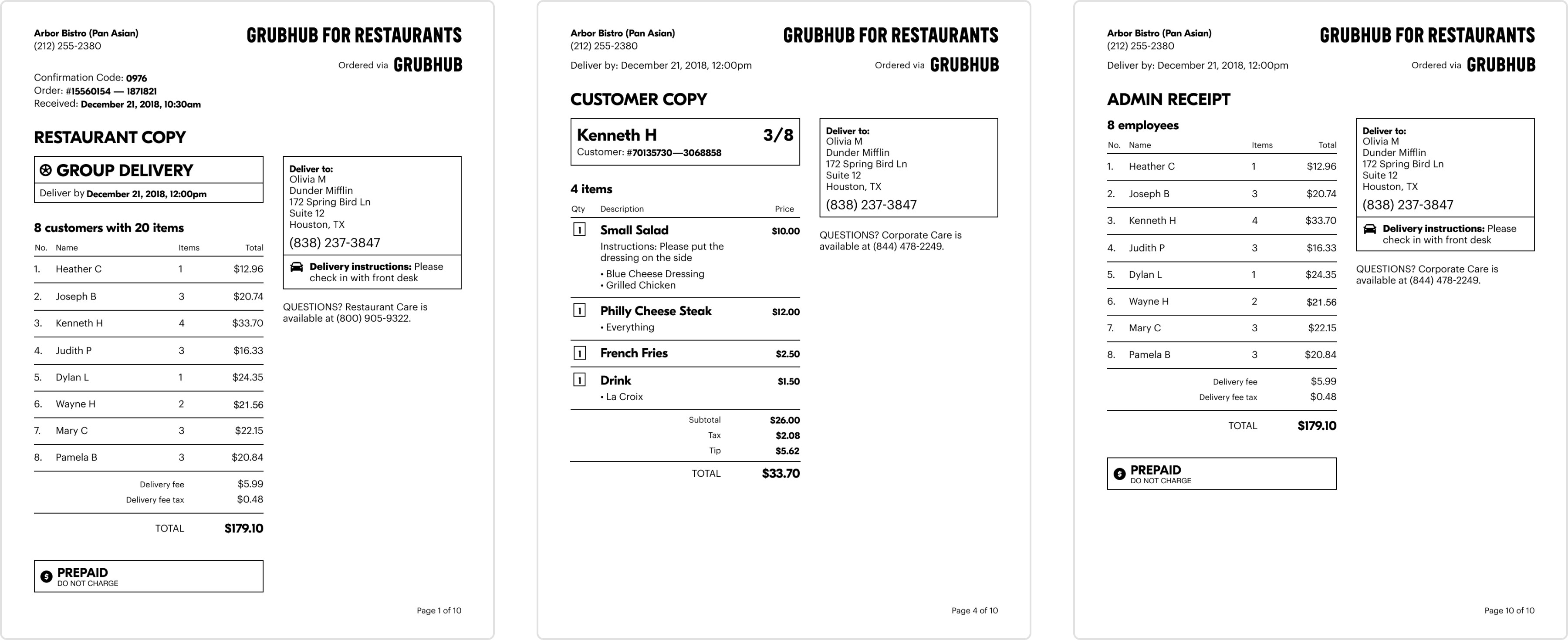Mockups of restaurant fax printouts