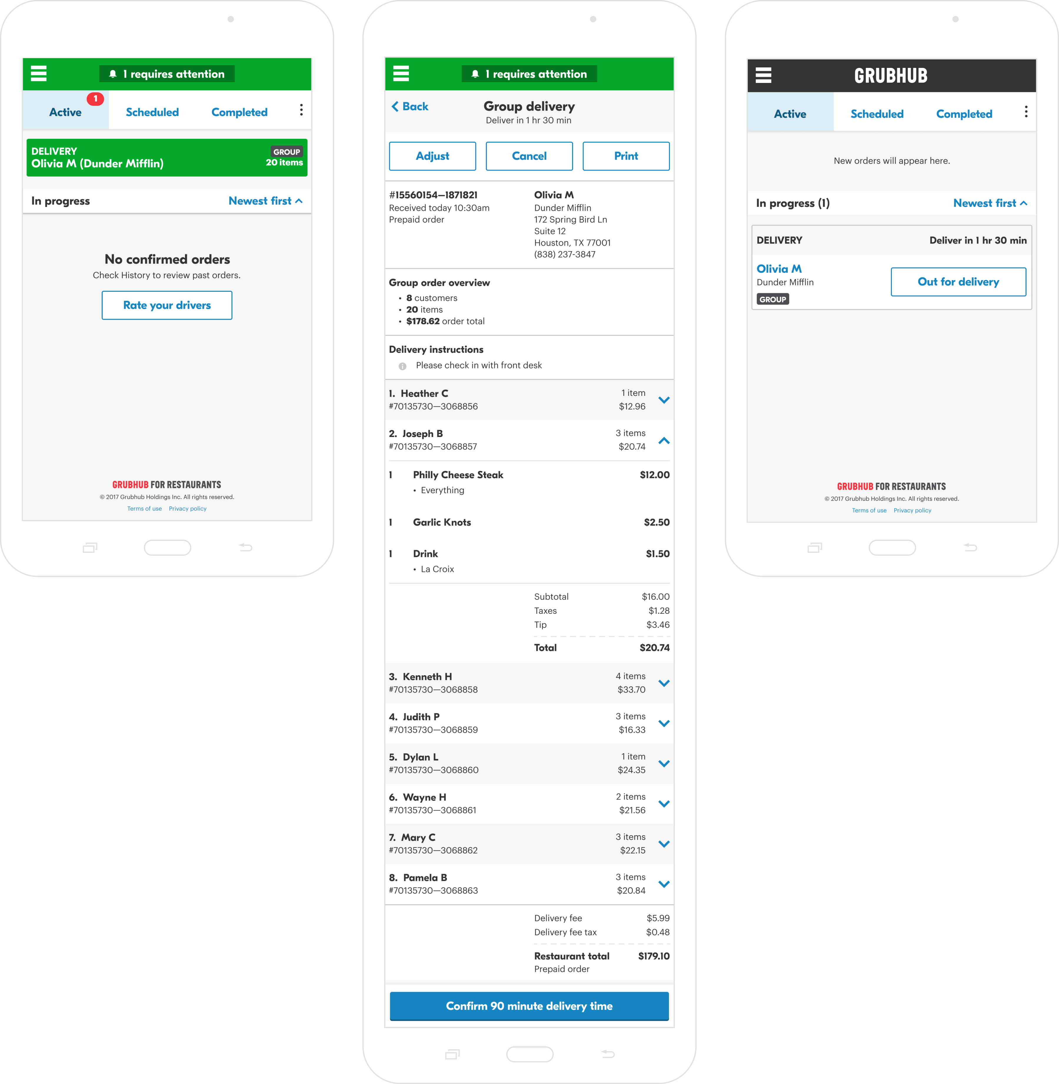 Screenshots from the group order workflow mocked up on a tablet device