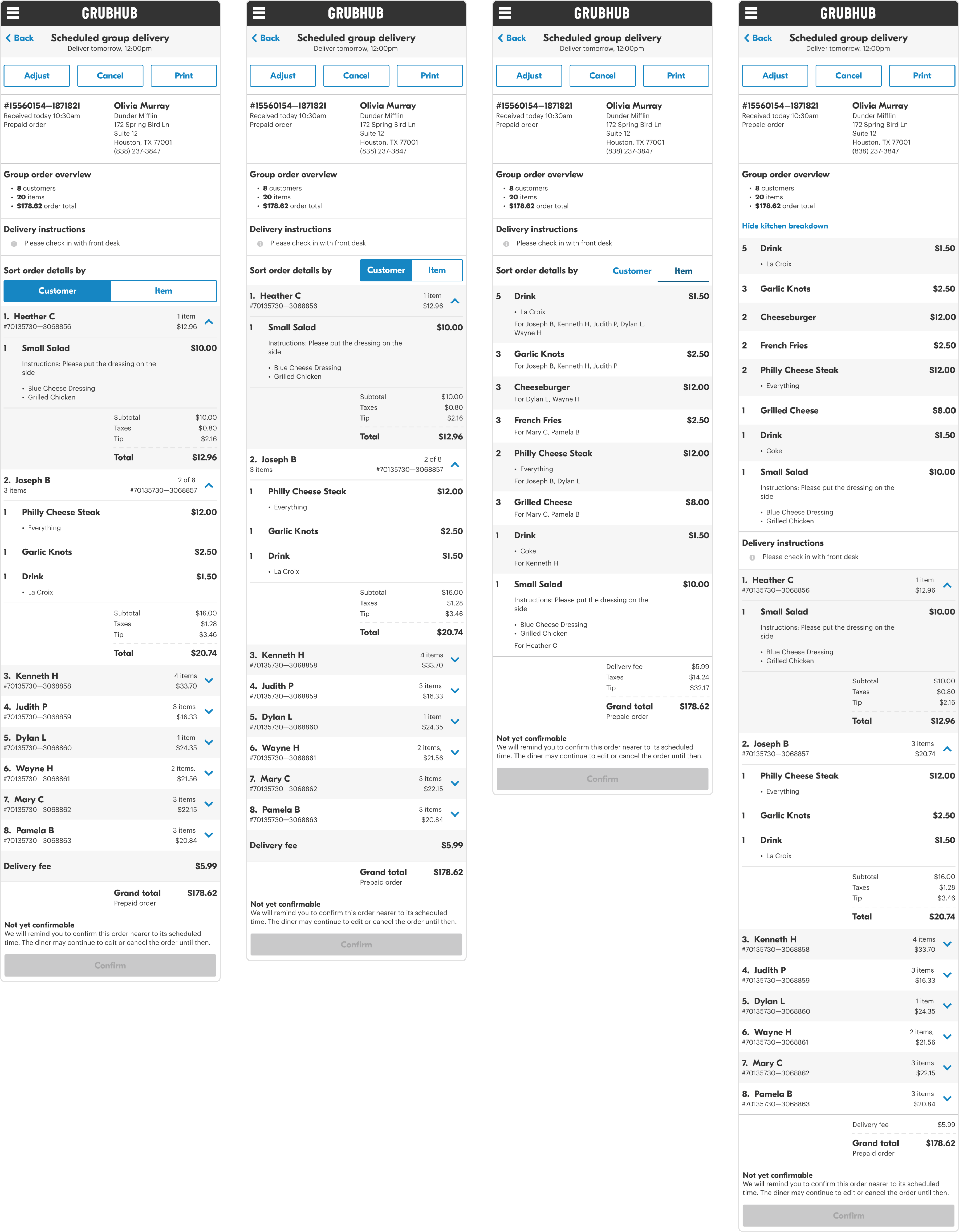 Images of UI explorations breaking down an order’s contents