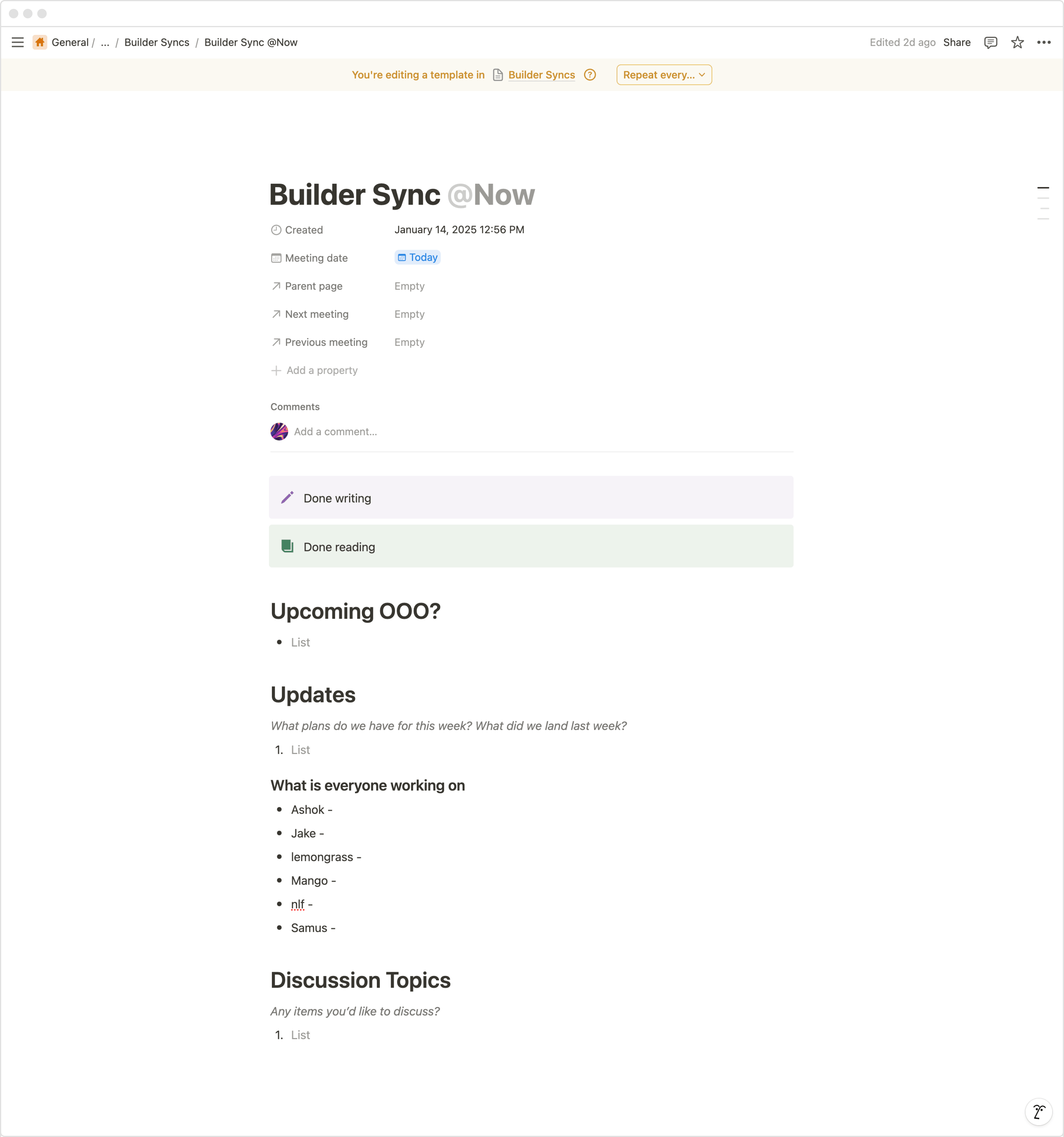 Template for our weekly standup