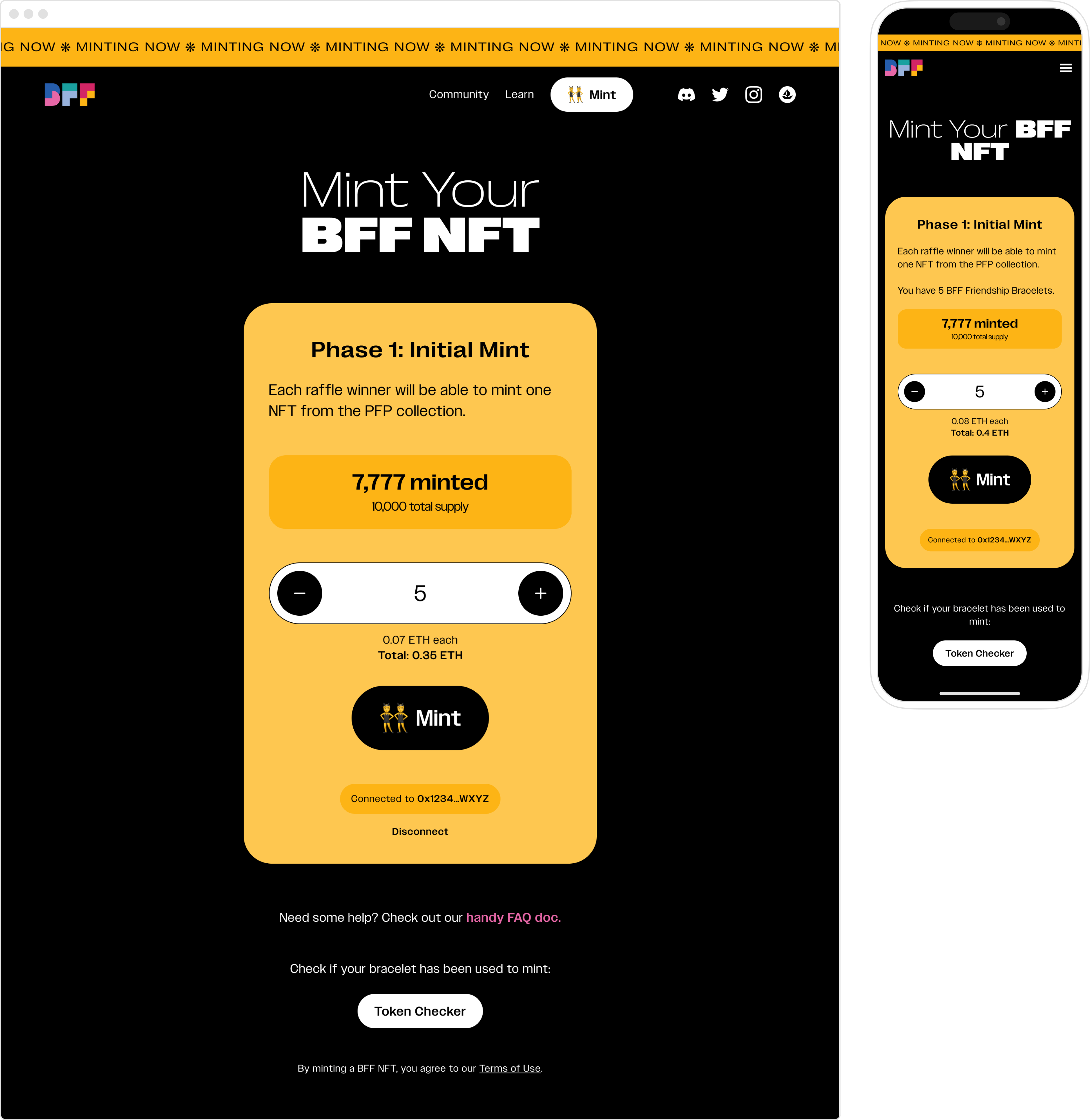 NFT minting component on desktop and mobile