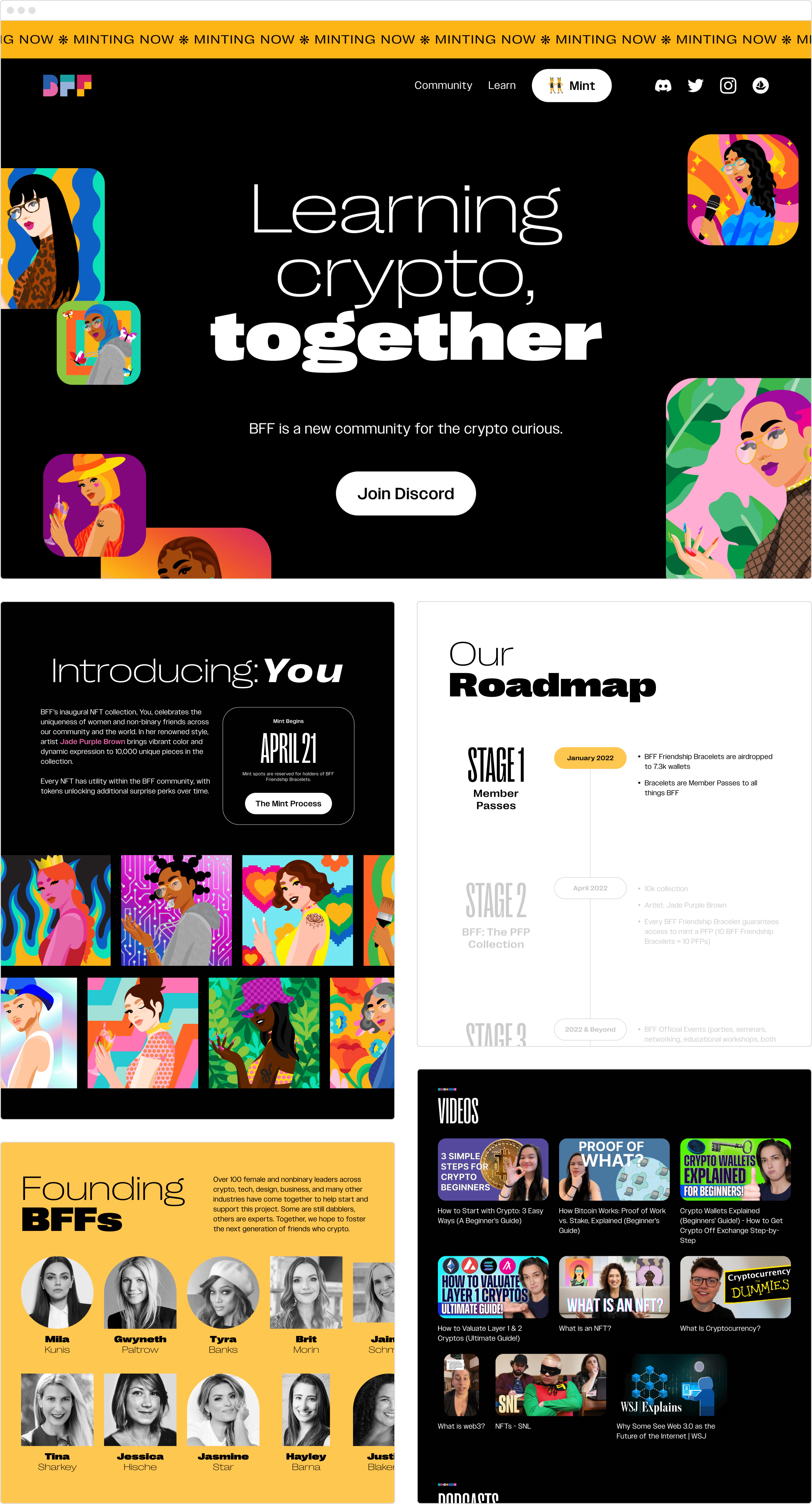 Different snippets from the BFF website