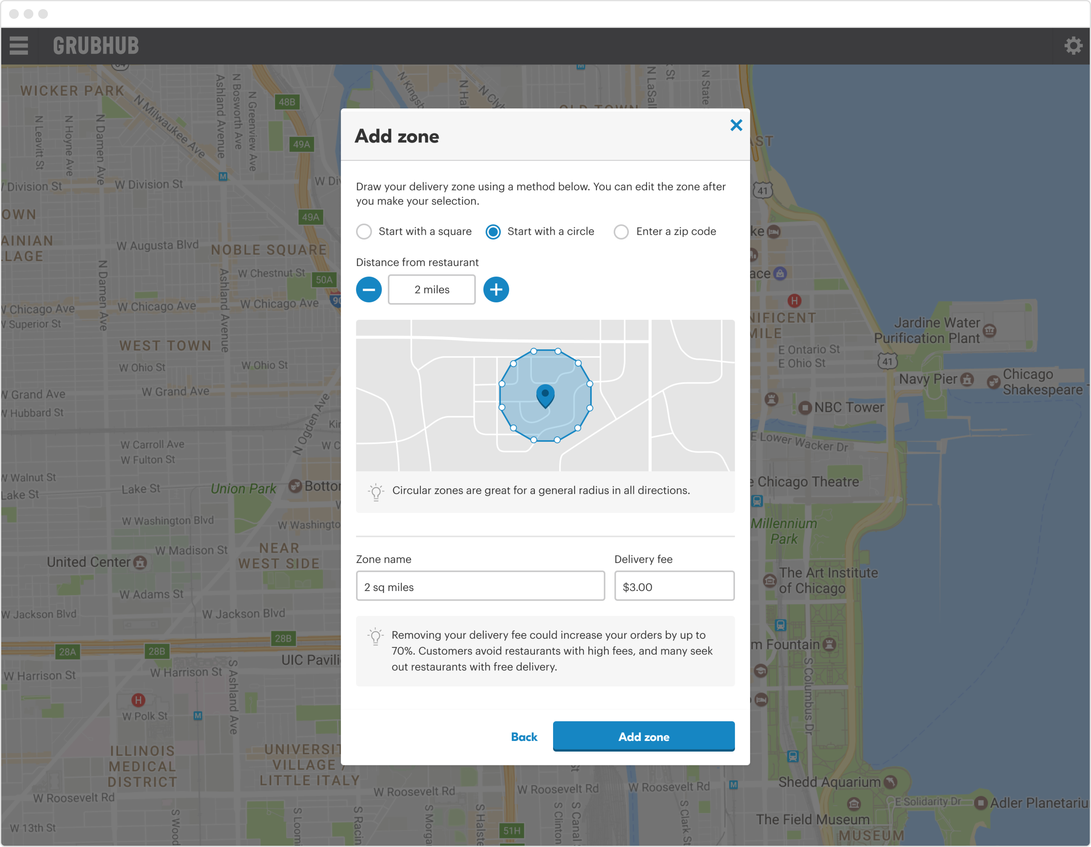 Adding a delivery zone in Grubhub for Restaurants