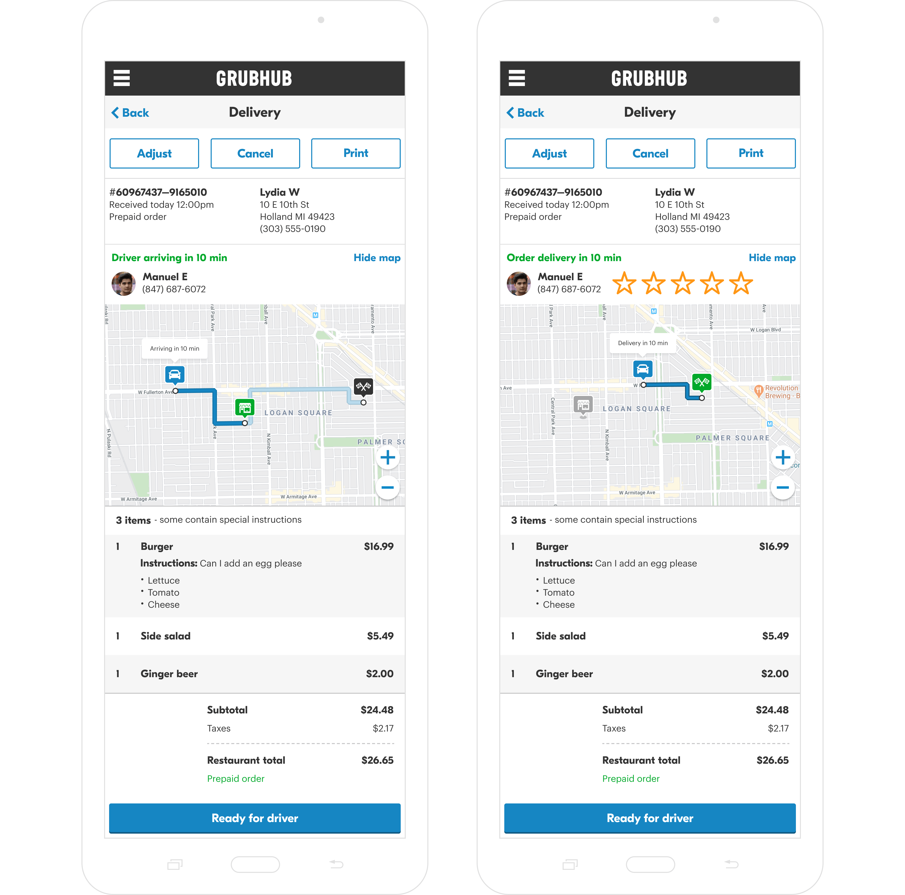 Driver maps in the order details of Grubhub for Restaurants