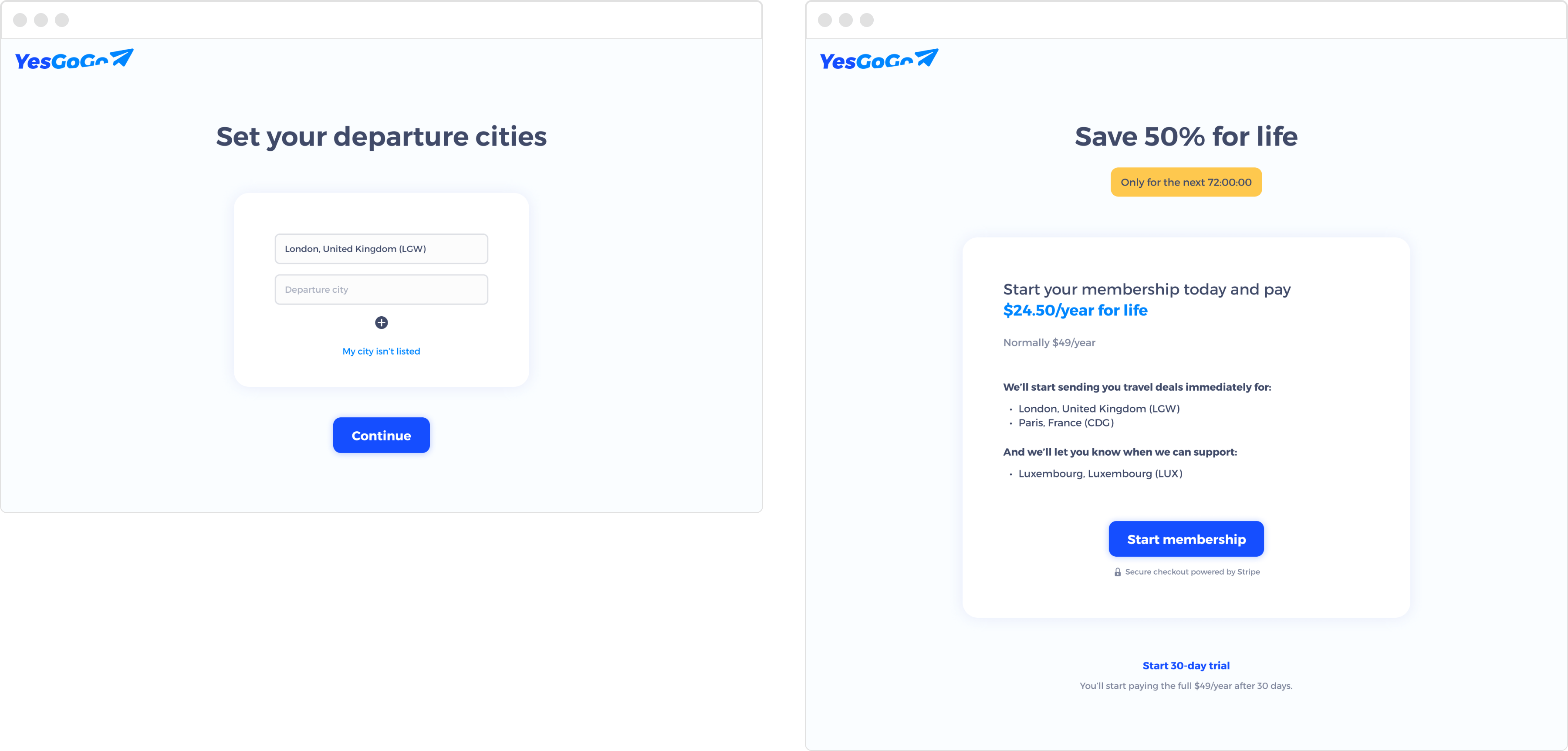 YesGoGo sign-up screens