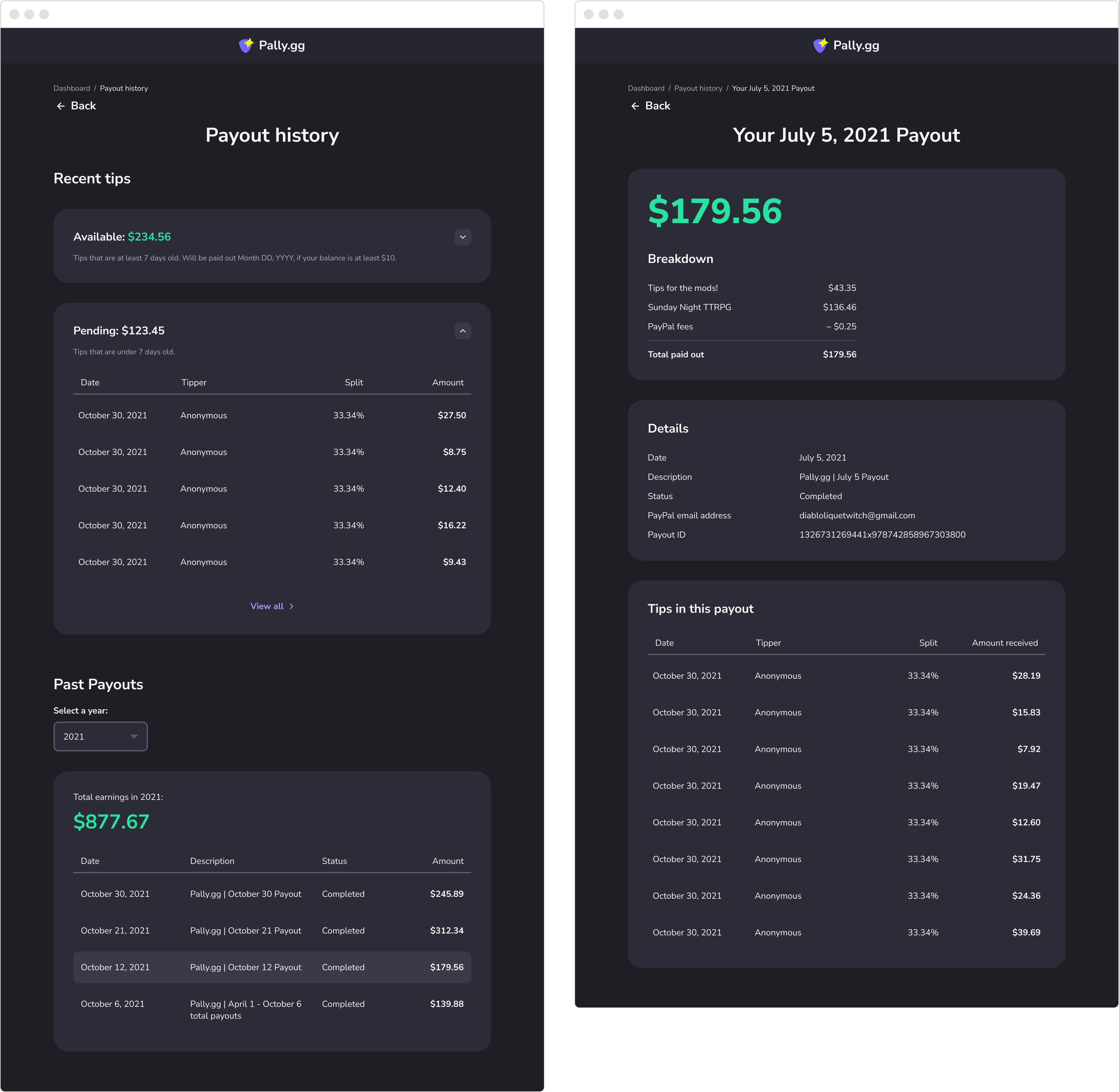 Screenshots of payout history feature