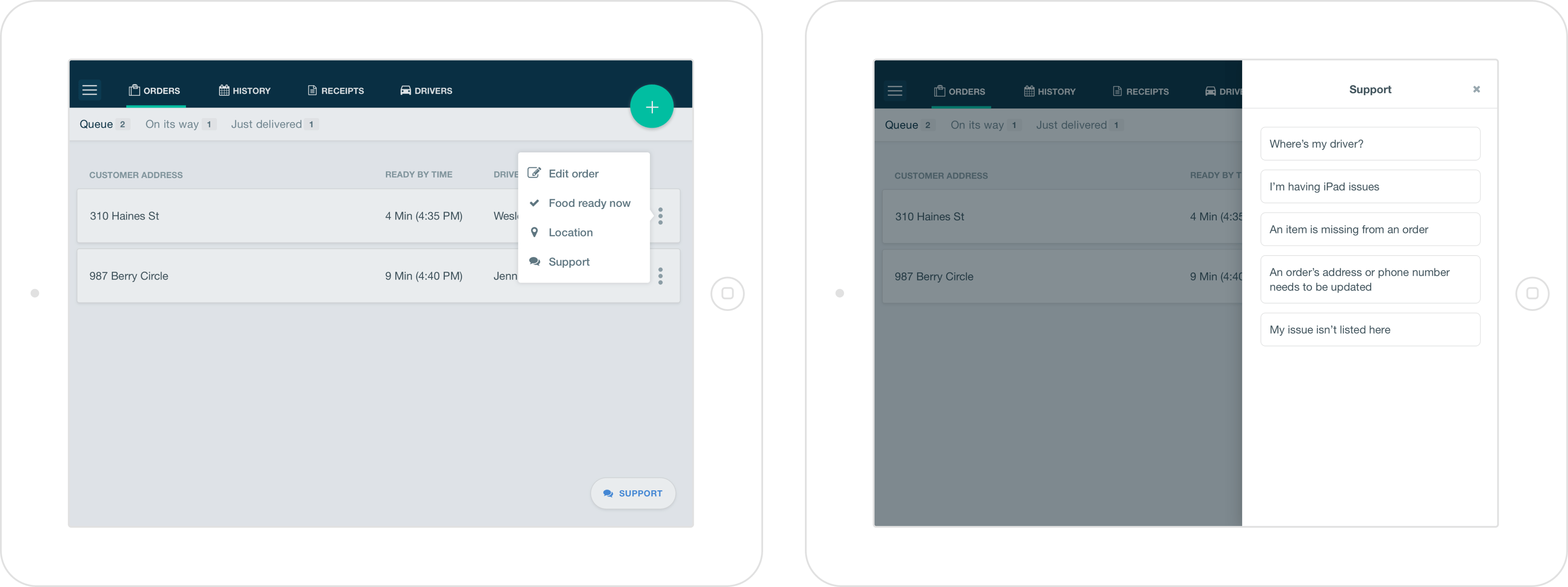 Screenshots of restaurant self-service support flow