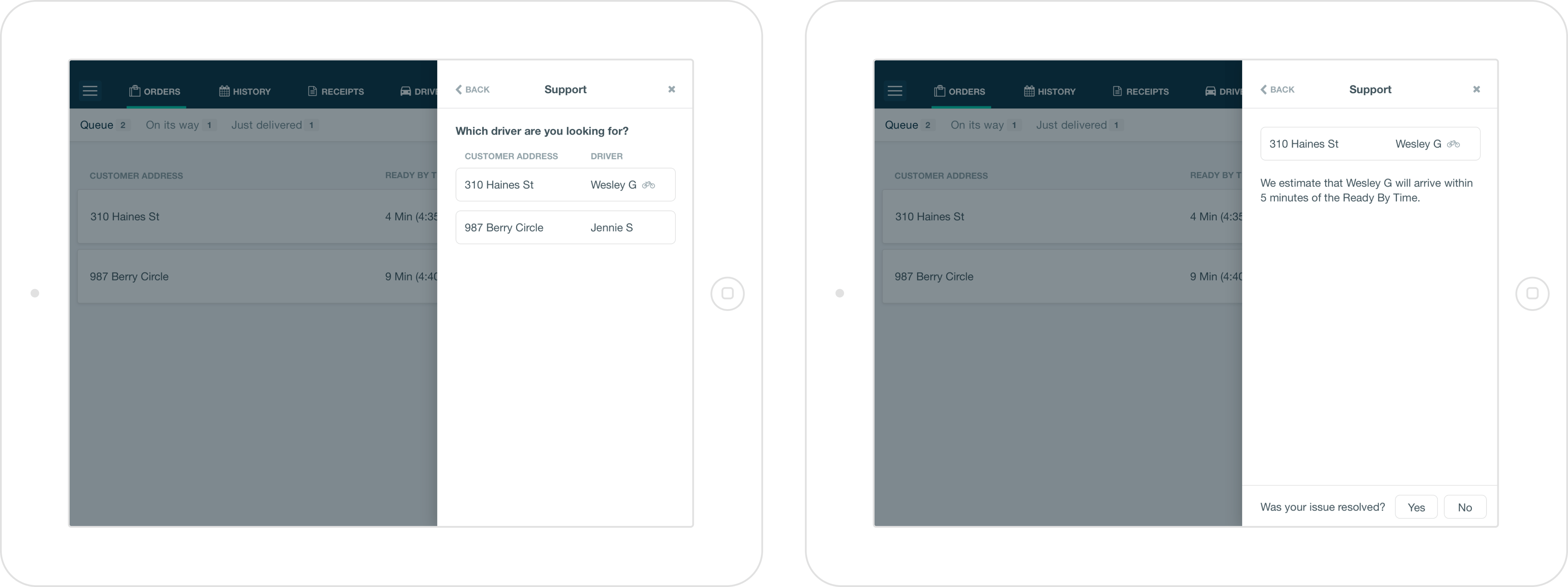 Screenshots of self-service support flow helping resturants know how far away a driver was